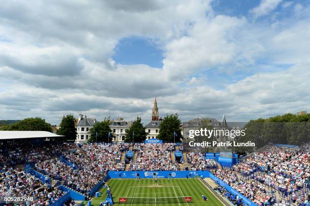 Novak Djokovic of Serbia hits a forehand during the Final match against Gael Monfils of Franceon day seven on July 1, 2017 in Eastbourne, England.