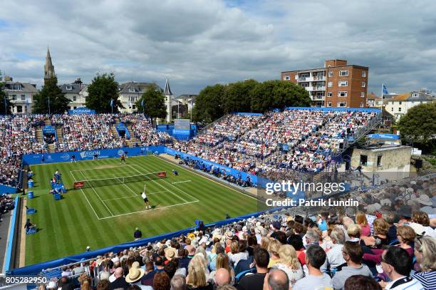 Novak Djokovic of Serbia serves during the Final match against Gael Monfils of France on day seven on July 1, 2017 in Eastbourne, England.