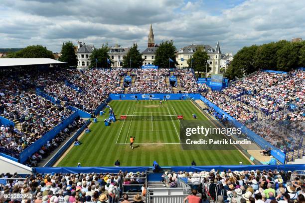 Gael Monfils of France hits a backhand during the Final match against Novak Djokovic of Serbia on day seven on July 1, 2017 in Eastbourne, England.