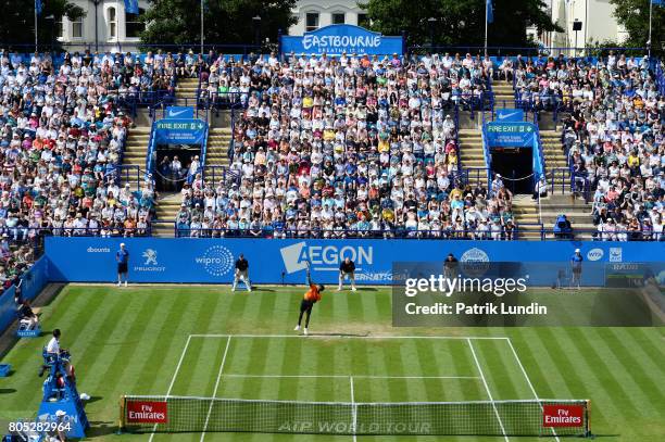 Gael Monfils of France serves on July 1, 2017 in Eastbourne, England.