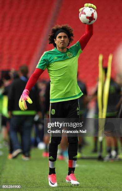 Guillermo Ochoa looks on during the Mexico training session on July 1, 2017 in Moscow, Russia.