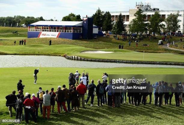 Peter Uihlien of The United States plays his third shot on the 18th during day three of the HNA Open de France at Le Golf National on July 1, 2017 in...