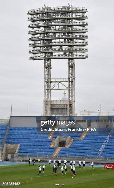 The players of Germany warm up during a training session of the German national football team on July 1, 2017 in Saint Petersburg, Russia.