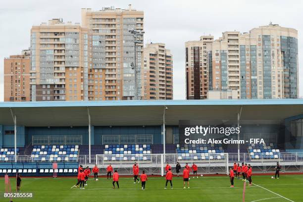 Players of Chile exercise during a Chile training session ahead of their FIFA Confederations Cup Russia 2017 final against Germany at Smena Stadium...