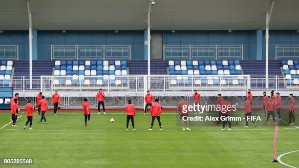 Players of Chile exercise during a Chile training session ahead of their FIFA Confederations Cup Russia 2017 final against Germany at Smena Stadium...