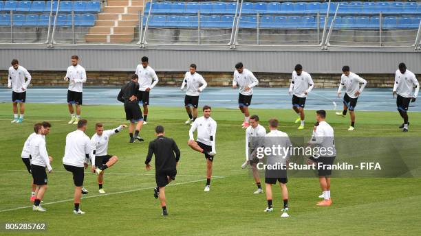 The players of Germany warm up during a training session of the German national football team on July 1, 2017 in Saint Petersburg, Russia.