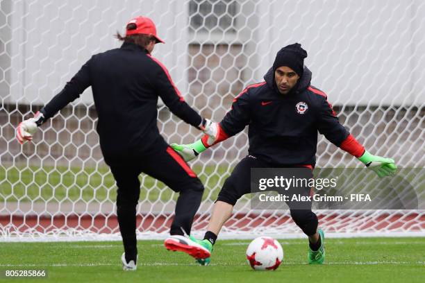 Goalkeeper Claudio Bravo makes a save during a Chile training session ahead of their FIFA Confederations Cup Russia 2017 final against Germany at...