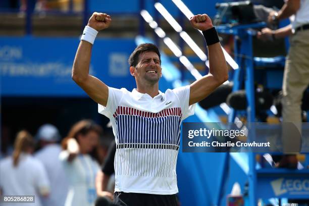 Novak Djokovic of Serbia celebrates after winning the men's singles final against Gael Monfils of France during day seven of the Aegon International...