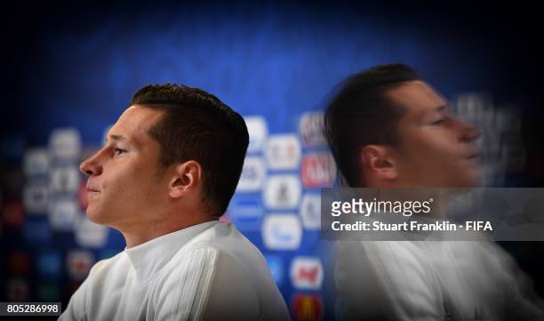 Julian Draxler of Germany looks on during a press conference of the German national football team on July 1, 2017 in Saint Petersburg, Russia.