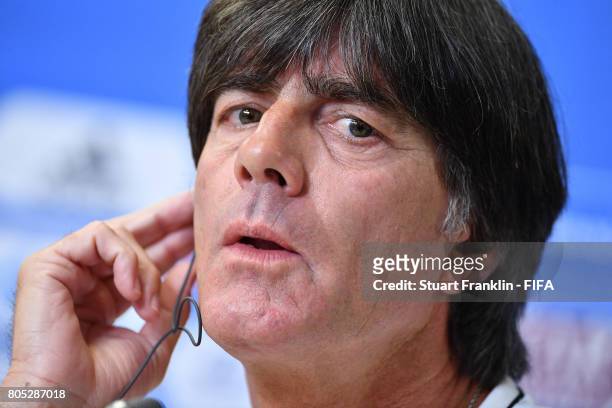 Joachim Loew, head coach of Germany has a drink of tea during a press conference of the German national football team on July 1, 2017 in Saint...