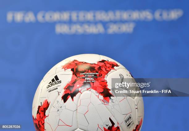 The official match ball is seen during a press conference of the German national football team on July 1, 2017 in Saint Petersburg, Russia.