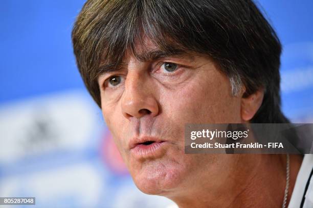 Joachim Loew, head coach of Germany has a drink of tea during a press conference of the German national football team on July 1, 2017 in Saint...