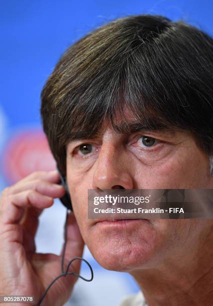 Joachim Loew, head coach of Germany has a drink of tea during a press conference of the German national football team on July 1, 2017 in Saint...