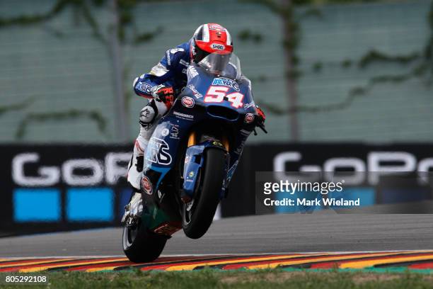 Mattia Pasini of Italy and Italtrans Racing Team rides in qualifying during the MotoGP of Germany at Sachsenring Circuit on July 1, 2017 in...