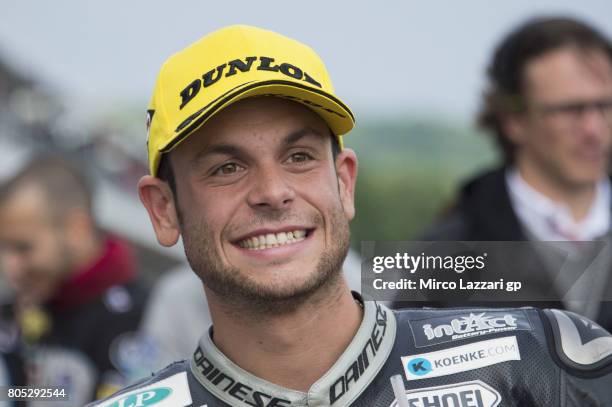 Sandro Cortese of Germany and Dynavolt Intact GP celebrates the third place at the end of the qualifying practice during the MotoGp of Germany -...
