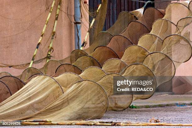 Traditional fishing gear. Marcedd lagoon. Terralba. Oristano. Sardinia. Italy. Europe.