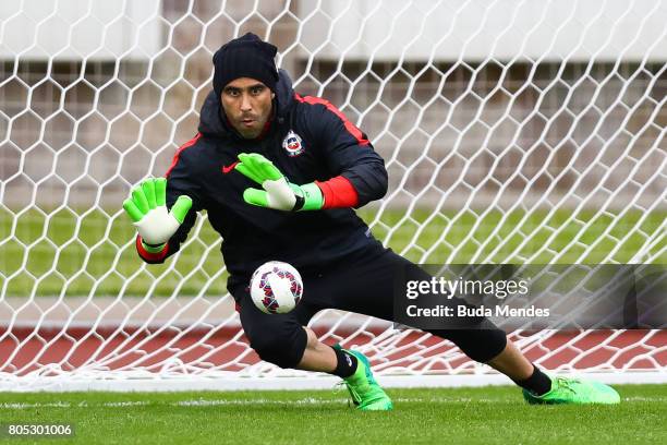 Goalkeeper Claudio Bravo makes a save during a Chile training session ahead of their FIFA Confederations Cup Russia 2017 final against Germany at...