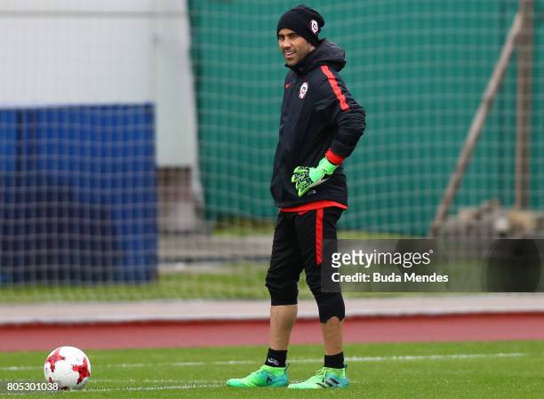 Goalkeeper Claudio Bravo looks on during a Chile training session ahead of their FIFA Confederations Cup Russia 2017 final against Germany at Smena...