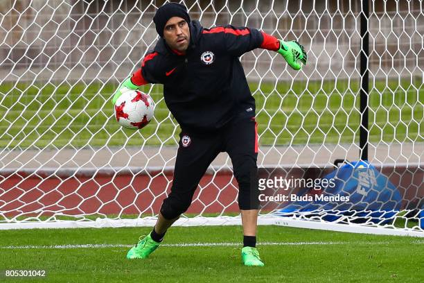 Goalkeeper Claudio Bravo makes a save during a Chile training session ahead of their FIFA Confederations Cup Russia 2017 final against Germany at...