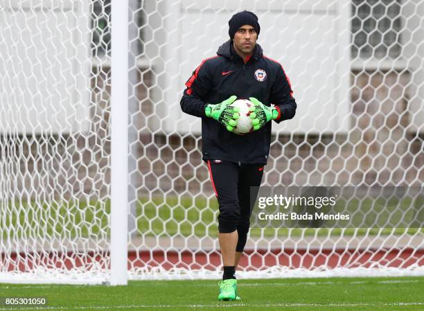 Goalkeeper Claudio Bravo makes a save during a Chile training session ahead of their FIFA Confederations Cup Russia 2017 final against Germany at...