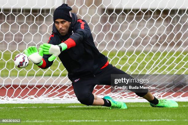 Goalkeeper Claudio Bravo makes a save during a Chile training session ahead of their FIFA Confederations Cup Russia 2017 final against Germany at...