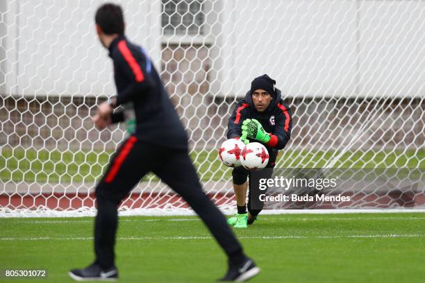 Goalkeeper Claudio Bravo makes a save during a Chile training session ahead of their FIFA Confederations Cup Russia 2017 final against Germany at...