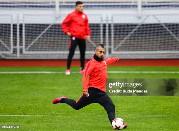 Arturo Vidal kids the ball during a Chile training session ahead of their FIFA Confederations Cup Russia 2017 final against Germany at Smena Stadium...