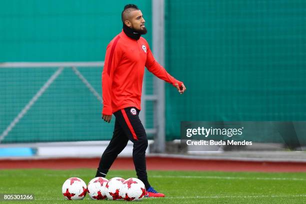 Arturo Vidal reacts during a Chile training session ahead of their FIFA Confederations Cup Russia 2017 final against Germany at Smena Stadium on July...