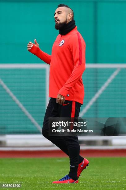 Arturo Vidal reacts during a Chile training session ahead of their FIFA Confederations Cup Russia 2017 final against Germany at Smena Stadium on July...
