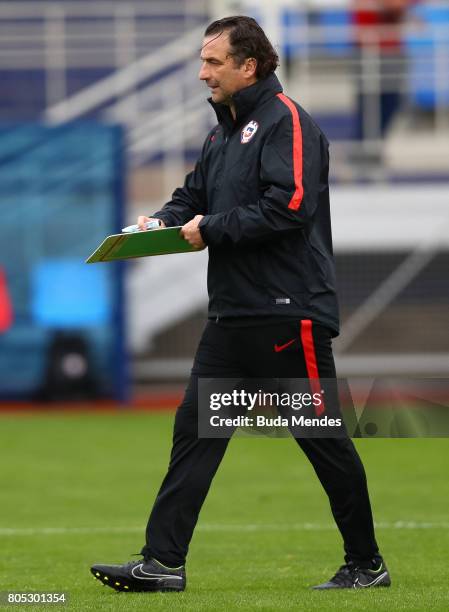 Head coach Juan Antonio Pizzi in action during a Chile training session ahead of their FIFA Confederations Cup Russia 2017 final against Germany at...