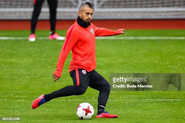Arturo Vidal kids the ball during a Chile training session ahead of their FIFA Confederations Cup Russia 2017 final against Germany at Smena Stadium...