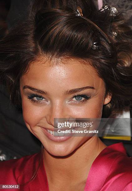 Model Miranda Kerr getting hair and makeup done before the 12th Annual Victorias Secret Fashion Show at The Kodak Theatre on November 15, 2007 in...