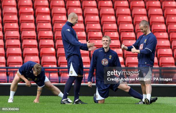 Scotland's Alan Hutton, Darren Fletcher and Kenny Miller during the training session at Hampden Park, Glasgow.