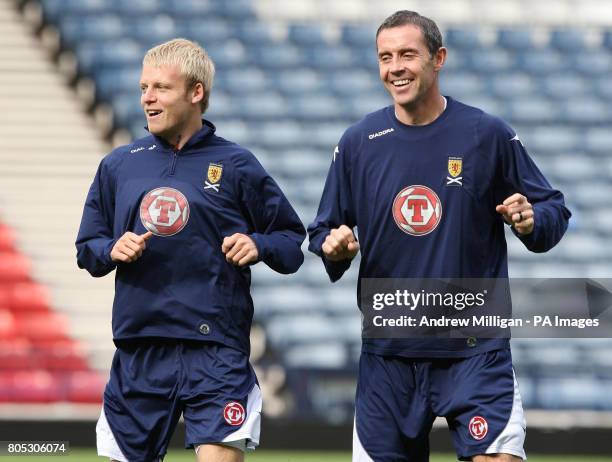 Scotland's Stephen Naismith and David Weir during the training session at Hampden Park, Glasgow.