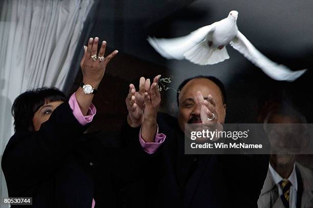 Martin Luther King III and his sister Bernice release a dove from the balcony where their father, Martin Luther King Jr., was shot to death at the...