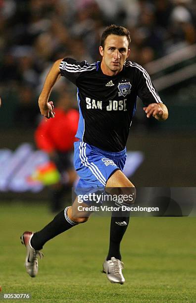 Ryan Cochrane of the San Jose Earthquakes runs back to defend his backfield against the Los Angeles Galaxy in the second half during their MLS game...