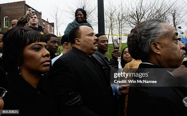 Martin Luther King III , his sister Bernice , and the Rev. Al Sharpton arrive for a rally at the Lorraine Hotel where their father, Martin Luther...