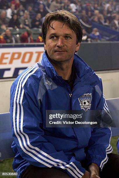 Head Coach Frank Yallop of the San Jose Earthquakes looks on just prior to the start of their MLS game against the Los Angeles Galaxy at the Home...