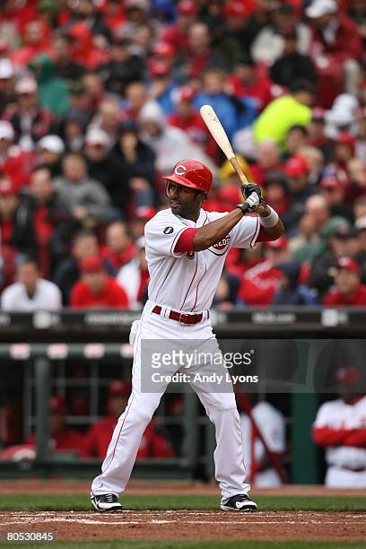 Corey Patterson of the Cincinnati Reds bats against the Arizona Diamondbacks during the game on March 31, 2008 at Great American Ball Park in...