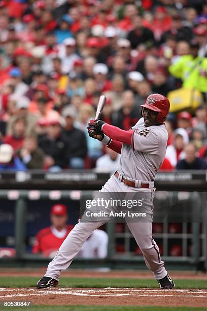 Orlando Hudson of the Arizona Diamondbacks bats against the Cincinnati Reds during the game on March 31, 2008 at Great American Ball Park in...