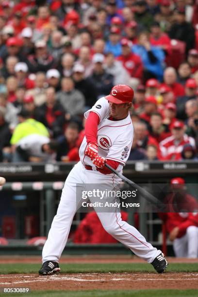 Adam Dunn of the Cincinnati Reds bats against the Arizona Diamondbacks during the game on March 31, 2008 at Great American Ball Park in Cincinnati,...