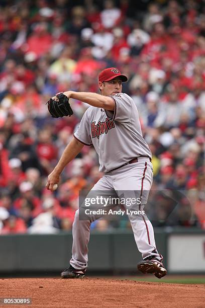 Brandon Webb of the Arizona Diamondbacks pitches against the Cincinnati Reds during the game on March 31, 2008 at Great American Ball Park in...