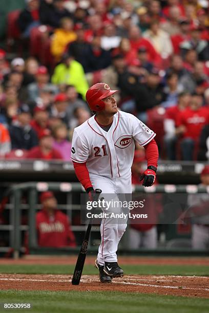 Scott Hatteberg of the Cincinnati Reds bats against the Arizona Diamondbacks during the game on March 31, 2008 at Great American Ball Park in...