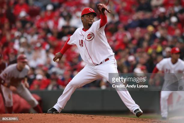 Francisco Cordero of the Cincinnati Reds pitches against the Arizona Diamondbacks during the game on March 31, 2008 at Great American Ball Park in...