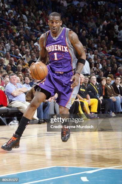 Amare Stoudemire of the Phoenix Suns drives the ball against the New Orleans Hornets on February 27, 2008 at the New Orleans Arena in New Orleans,...