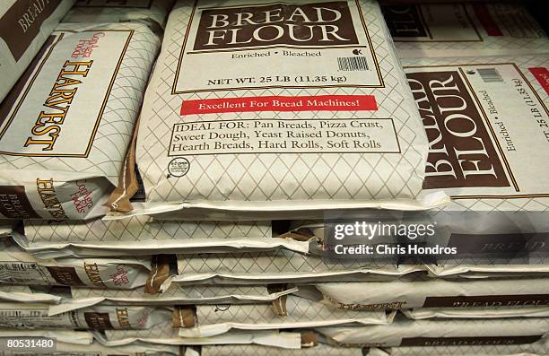 Twenty-five pound bags of flour are on display at a Costco store April 4, 2008 in Tucson, Arizona. As the American economy slows down, consumers are...