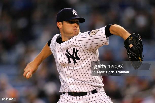 Ian Kennedy of the New York Yankees pitches against the Tampa Bay Rays at Yankee Stadium April 4, 2008 in the Bronx borough of New York City. The...