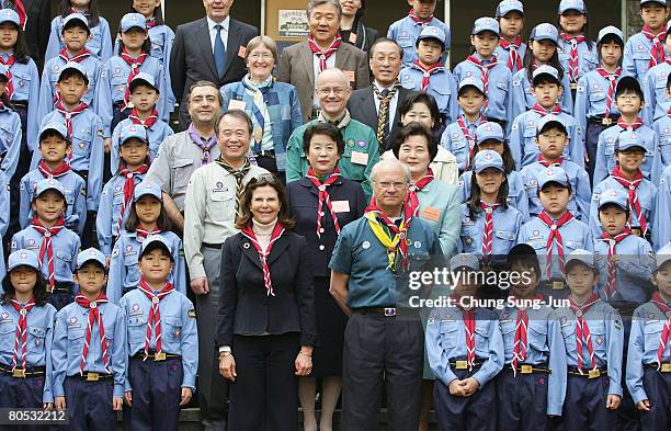 King Carl XVI Gustaf and Queen Silvia of Sweden meet with Boy Scouts at the Soongeui elementary school on April 5, 2008 in Seoul, South Korea. Their...