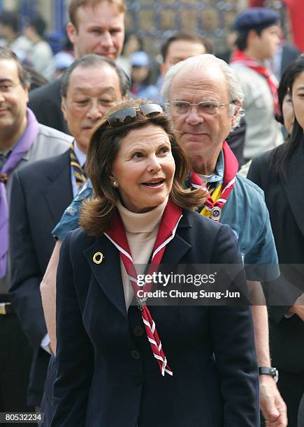 King Carl XVI Gustaf and Queen Silvia of Sweden meet with Boy Scouts at the Soongeui elementary school on April 5, 2008 in Seoul, South Korea. Their...