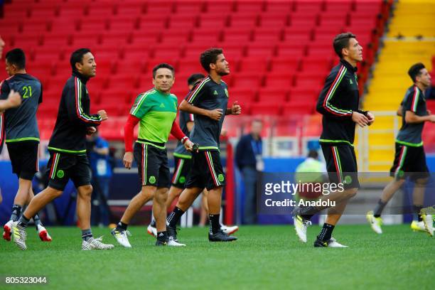 Mexico's player Marco Fabian ) and Jonathan dos Santos attend a training session ahead of FIFA Confederations Cup 2017 in Moscow, Russia on July 01,...